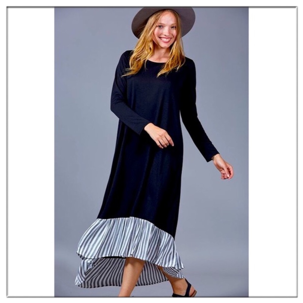 Black Hi Lo Maxi Dress w/Contrasting Striped Ruffled Bottom, Size L